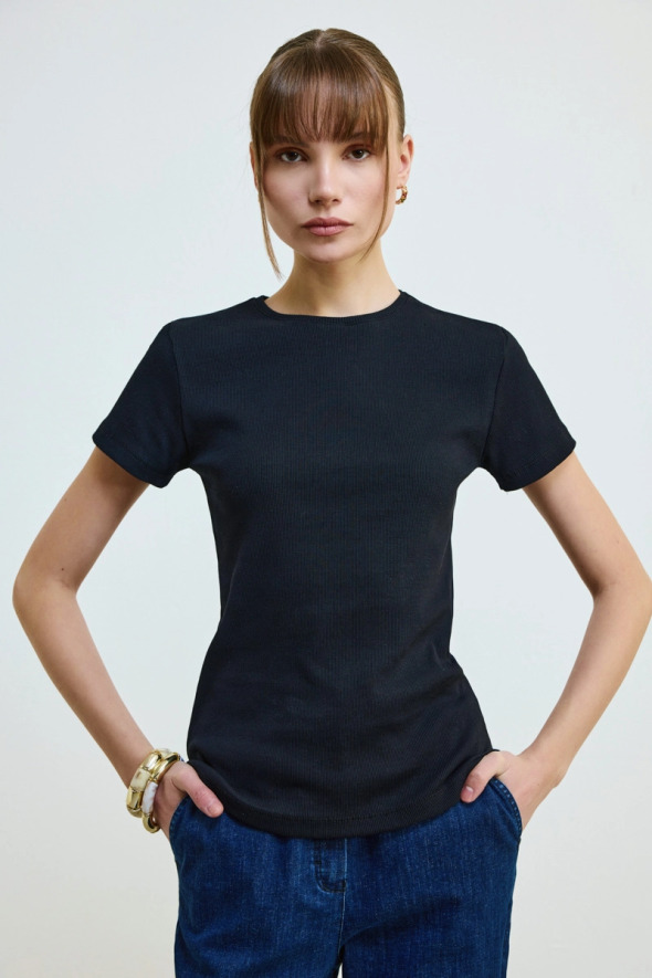 Bisiklet Yaka Pamuk Kaşkorse T-Shirt - Siyah - 3