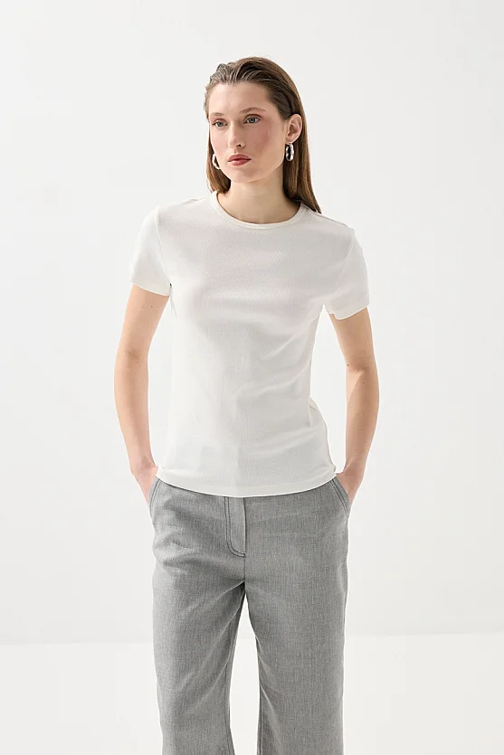 Bisiklet Yaka Pamuk Tshirt - Beyaz - 3