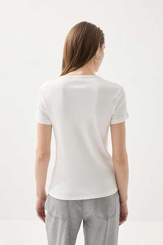 Bisiklet Yaka Pamuk Tshirt - Beyaz - 6