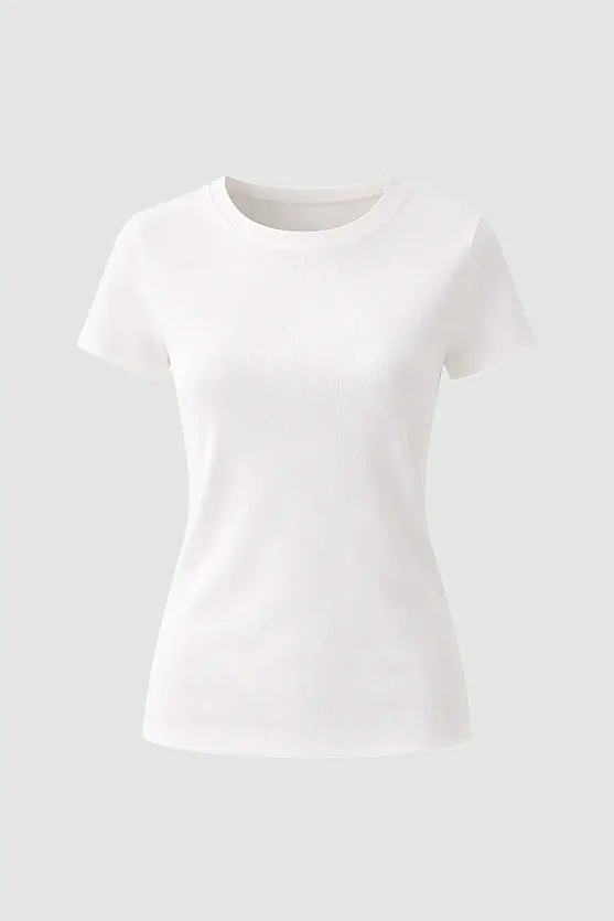 Bisiklet Yaka Pamuk Likra Tshirt - Beyaz - 7