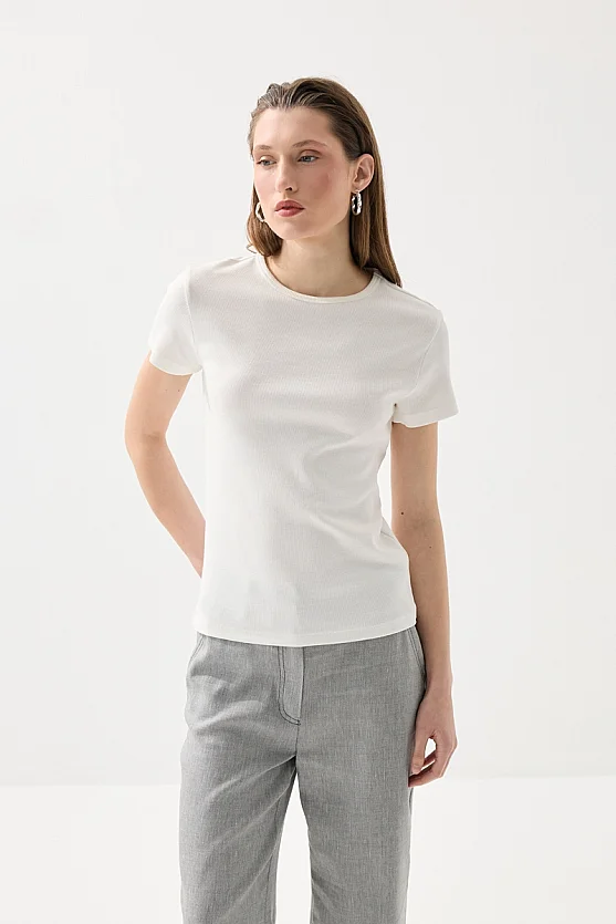 Bisiklet Yaka Pamuk T-shirt - Beyaz - 4