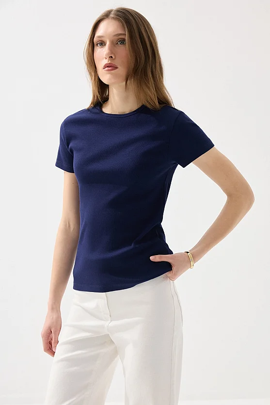 Bisiklet Yaka Pamuk Tshirt - Lacivert - 3