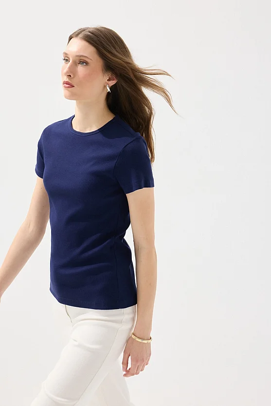 Bisiklet Yaka Pamuk Tshirt - Lacivert - Gusto