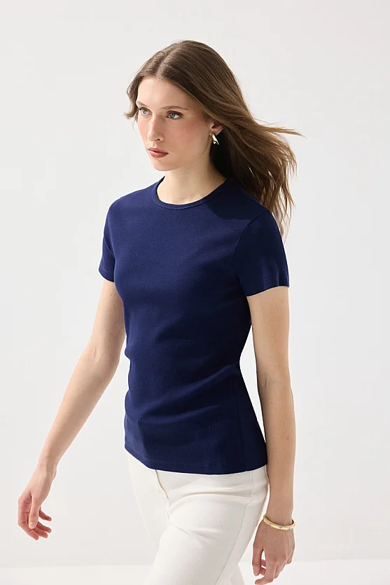 Bisiklet Yaka Pamuk Tshirt - Lacivert - 6