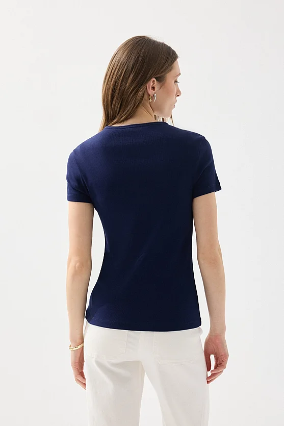 Bisiklet Yaka Pamuk Tshirt - Lacivert - 7