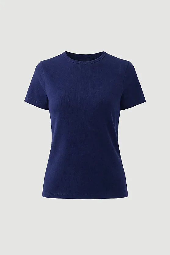 Bisiklet Yaka Pamuk Likra Tshirt - Lacivert - 8