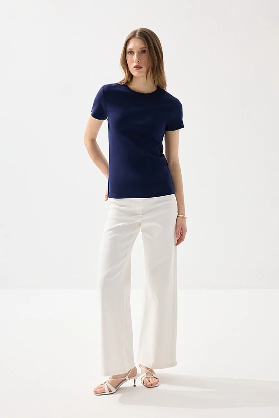 Bisiklet Yaka Pamuk Tshirt - Lacivert - Gusto