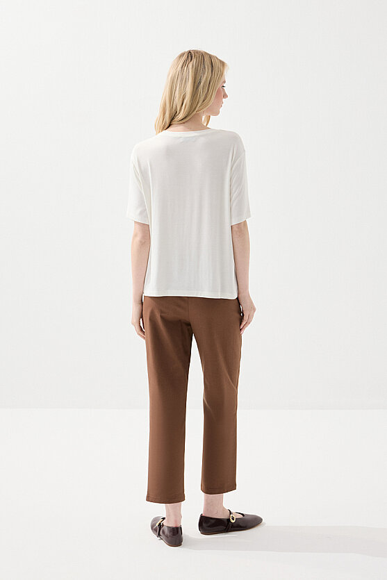 Bisiklet Yaka Rahat Kesim Bambu T-shirt - Beyaz - 5