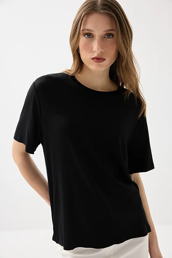 Bisiklet Yaka Rahat Kesim Bambu Tshirt - Siyah - Gusto