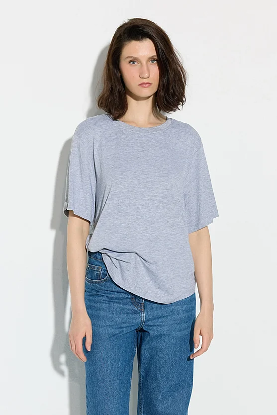 Bisiklet Yaka Rahat Kesim Bambu Tshirt - Gri - Gusto