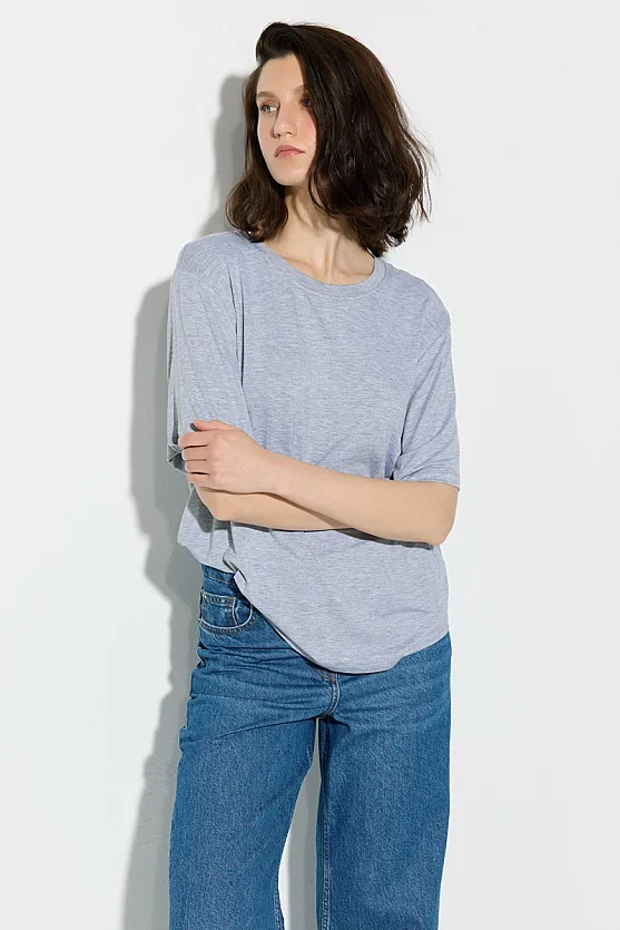 Bisiklet Yaka Rahat Kesim Bambu Tshirt - Gri - Gusto