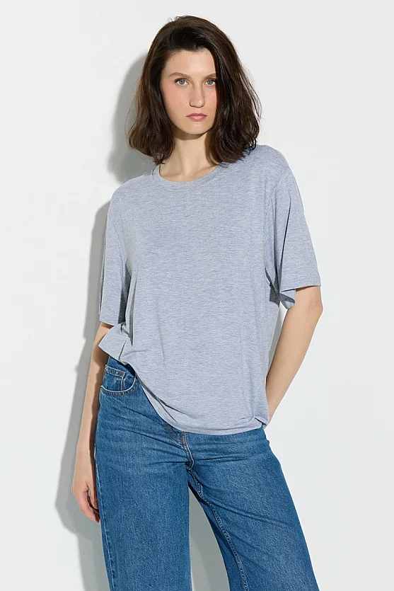Bisiklet Yaka Rahat Kesim Bambu Tshirt - Gri - 3