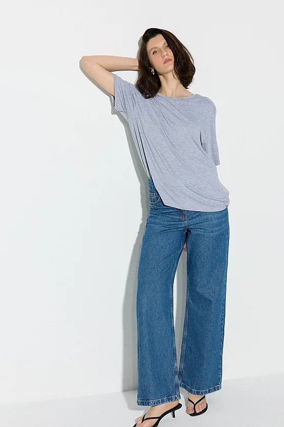 Bisiklet Yaka Rahat Kesim Bambu Tshirt - Gri - 4