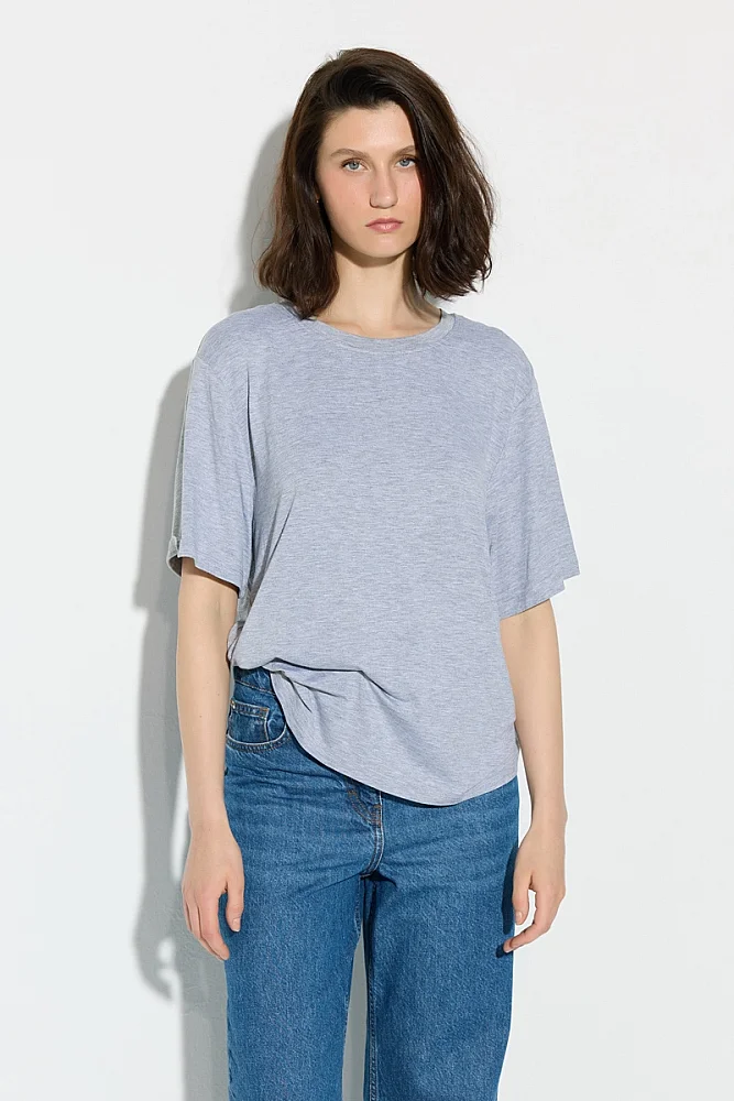 Bisiklet Yaka Rahat Kesim Bambu Tshirt - Gri