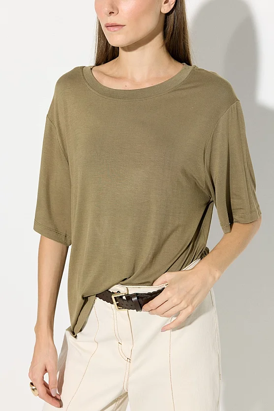 Bisiklet Yaka Rahat Kesim Bambu Tshirt - Haki - 5
