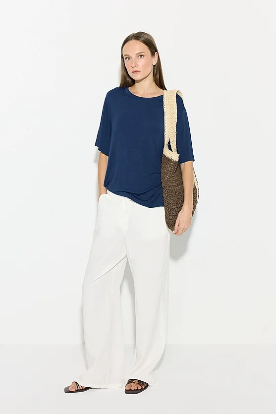 Bisiklet Yaka Rahat Kesim Bambu Tshirt - Lacivert - 5
