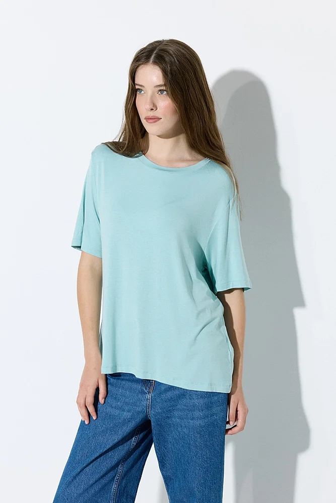 Bisiklet Yaka Rahat Kesim Bambu Tshirt - Mavi