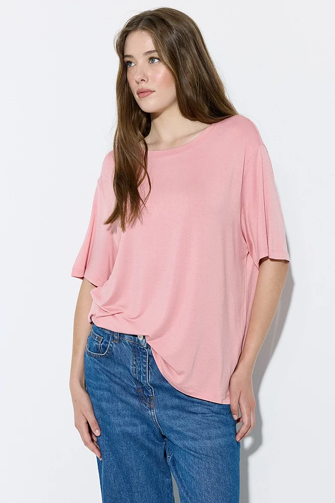 Bisiklet Yaka Rahat Kesim Bambu Tshirt - Pembe Pembe