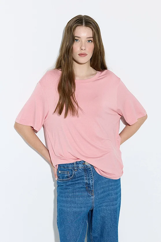 Bisiklet Yaka Rahat Kesim Bambu Tshirt - Pembe - 3