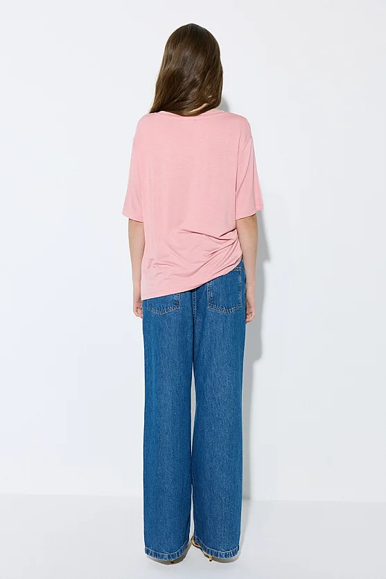 Bisiklet Yaka Rahat Kesim Bambu Tshirt - Pembe - 5