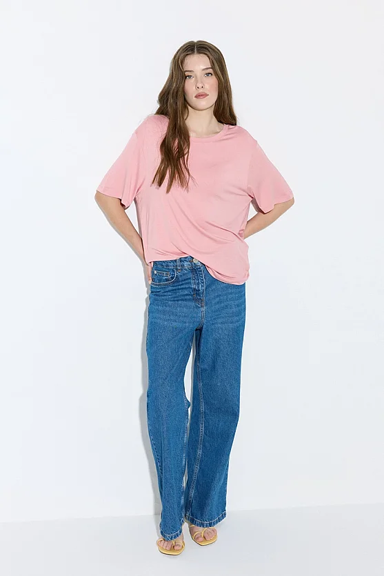 Bisiklet Yaka Rahat Kesim Bambu Tshirt - Pembe - 2