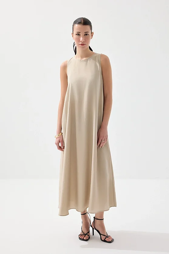 Bisiklet Yaka Uzun Rahat Kesim Modal Elbise - Taş - Gusto