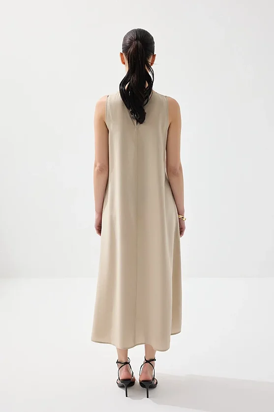 Bisiklet Yaka Uzun Rahat Kesim Modal Elbise - Taş - Gusto