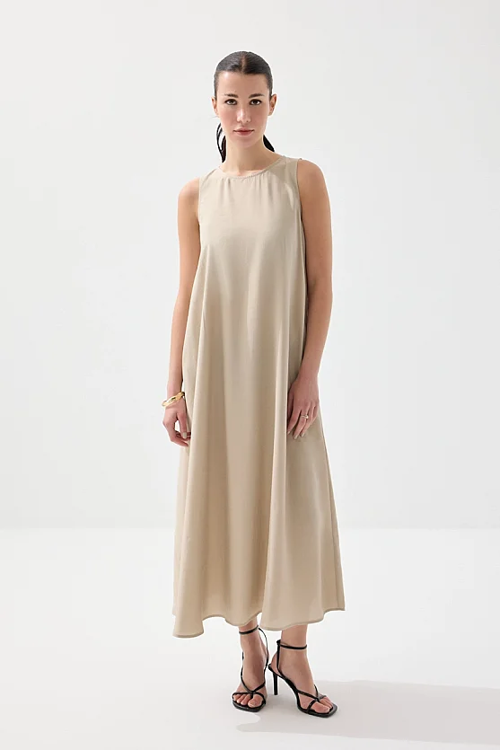 Bisiklet Yaka Uzun Rahat Kesim Modal Elbise - Taş - Gusto