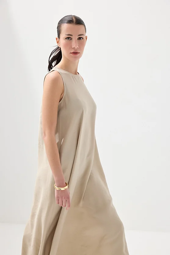 Bisiklet Yaka Uzun Rahat Kesim Modal Elbise - Taş - Gusto