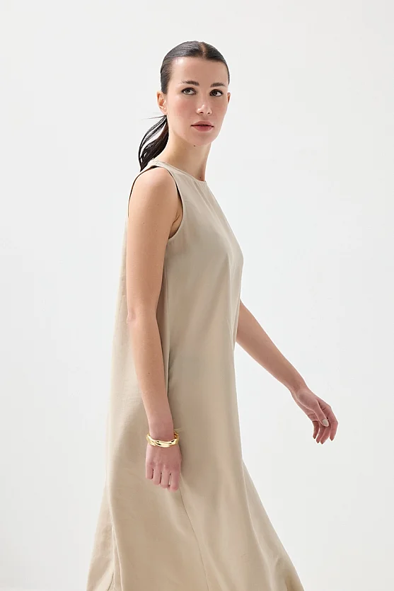 Bisiklet Yaka Uzun Rahat Kesim Modal Elbise - Taş - 4