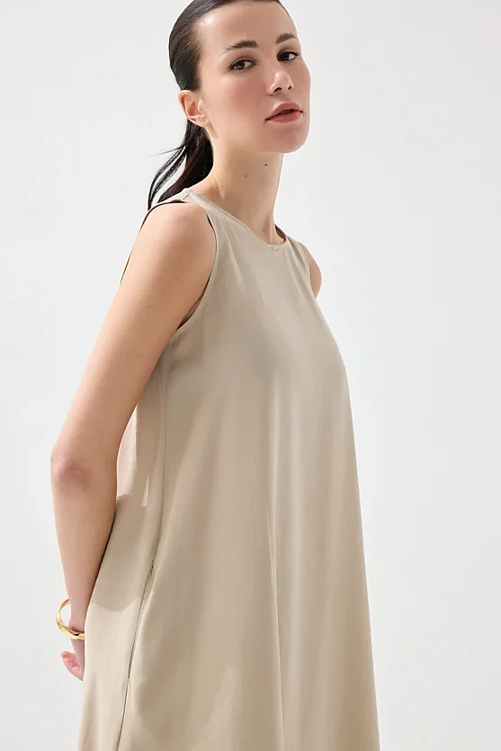 Bisiklet Yaka Uzun Rahat Kesim Modal Elbise - Taş - 3