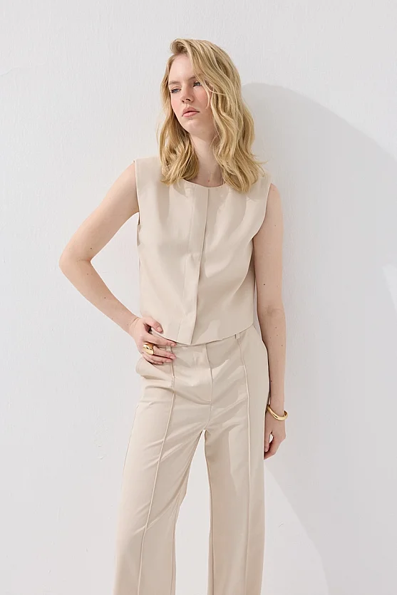 Bisiklet Yakalı Çıtçıtlı Yelek - Bej - 5