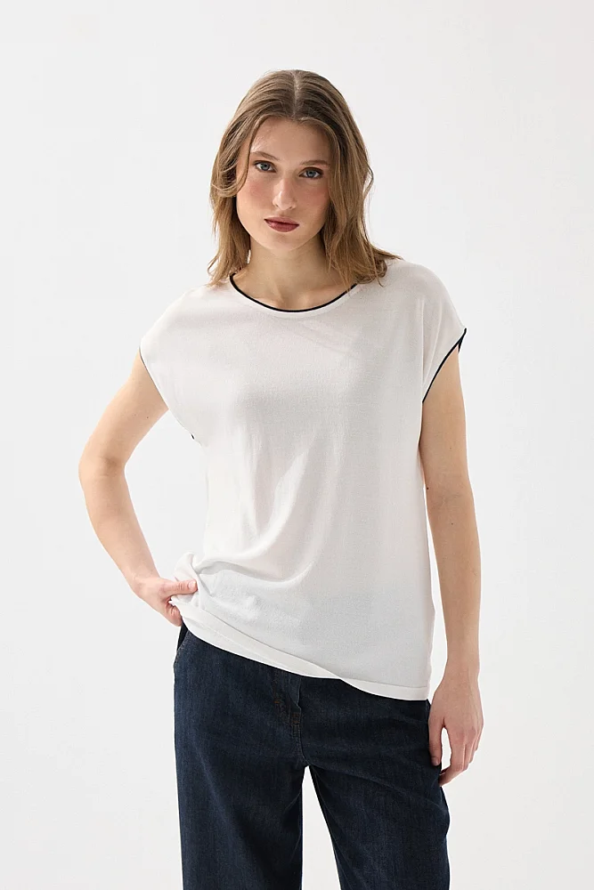 Biyeli Düşük Kol Merserize Bluz - Beyaz Beyaz