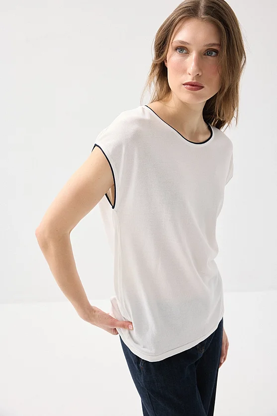 Biyeli Düşük Kol Merserize Bluz - Beyaz - 3