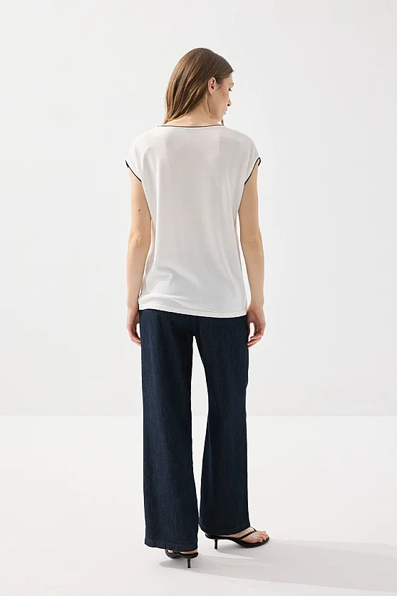 Biyeli Düşük Kol Merserize Bluz - Beyaz - 5