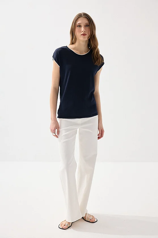 Biyeli Düşük Kol Merserize Bluz - Lacivert - 4