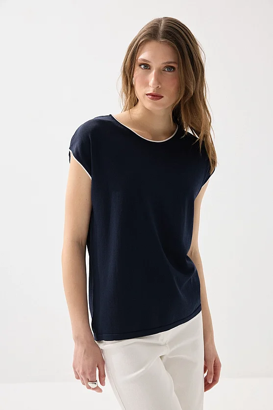 Biyeli Düşük Kol Merserize Bluz - Lacivert - 5