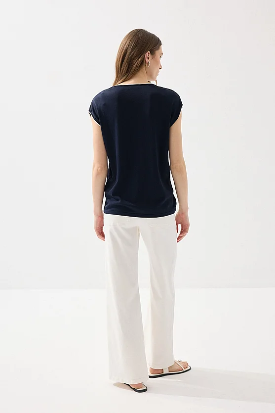 Biyeli Düşük Kol Merserize Bluz - Lacivert - 6