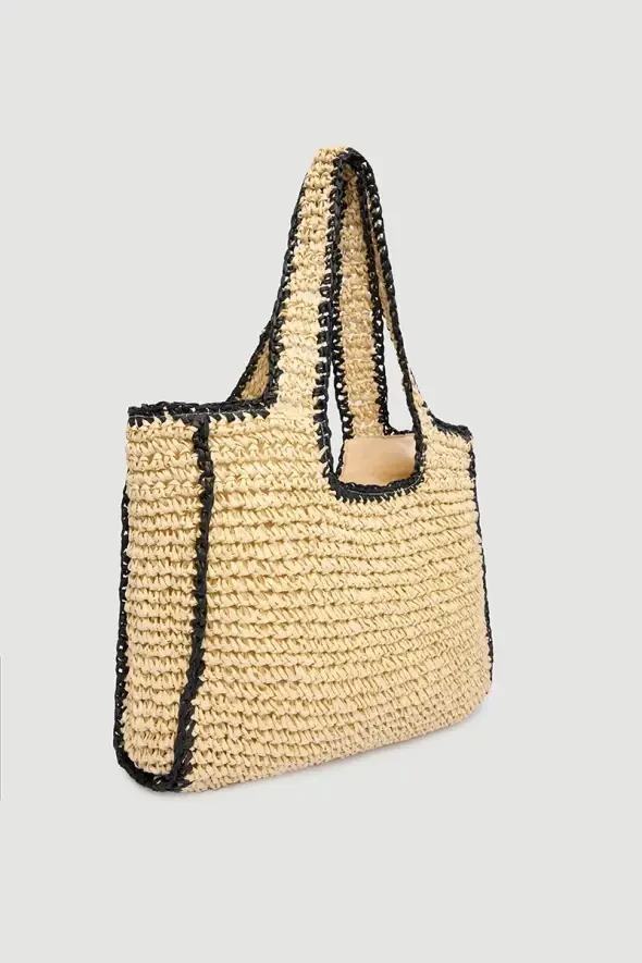 Biyeli Hasır Görünümlü Çanta - Bej - Gusto