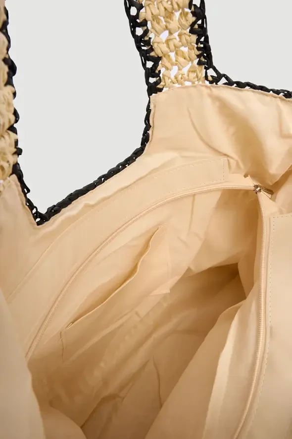 Biyeli Hasır Görünümlü Çanta - Bej - Gusto