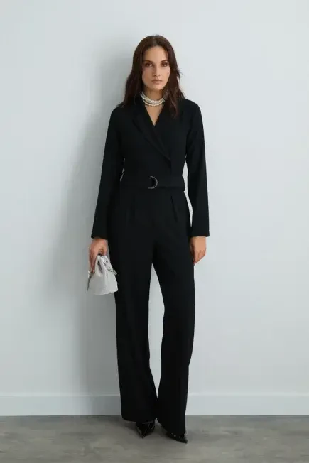 Blazer-Collar Crepe Jumpsuit - Black Black