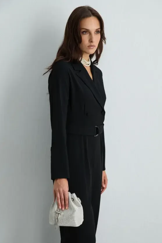 Blazer-Collar Crepe Jumpsuit - Black - 11