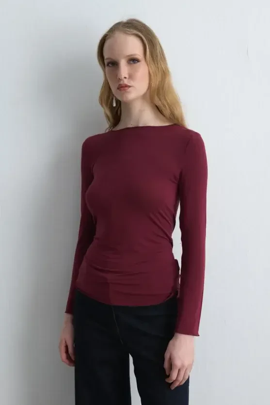 Boat Neck Cashmere Blouse - Burgundy - 3