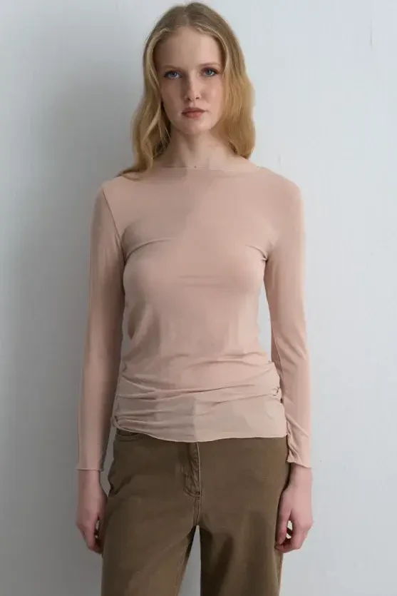 Boat Neck Cashmere Blouse - Powder Pink - 5