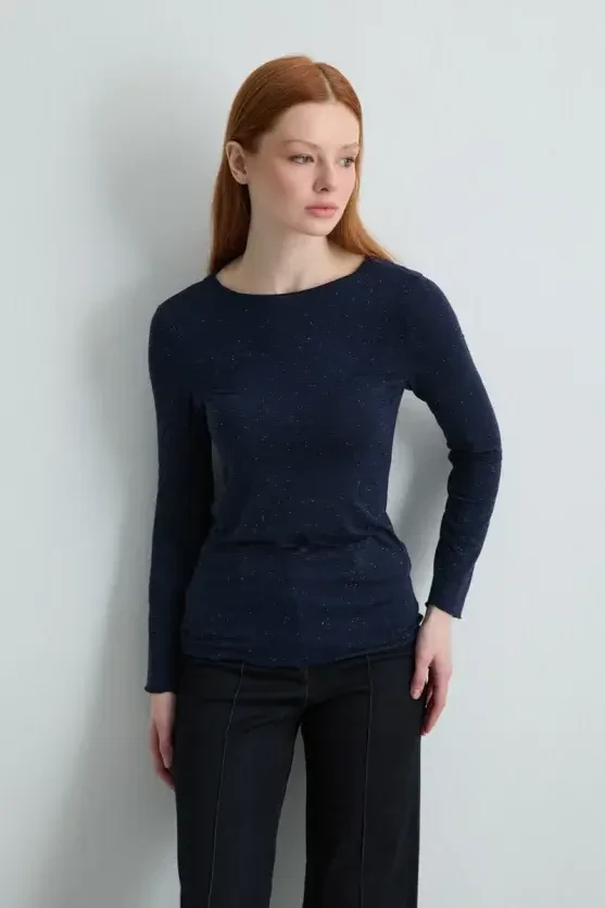 Boat Neck Cashmere Glitter Blouse - Navy Blue - 1