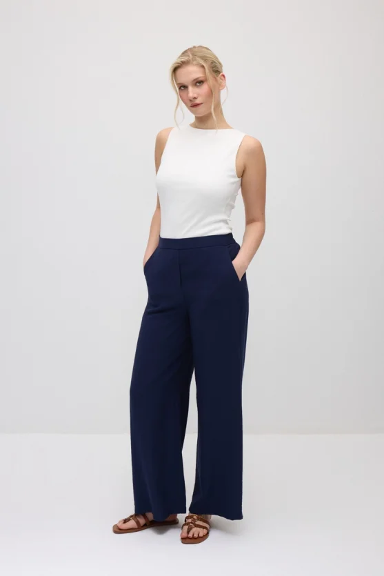 Bol Paça Beli Lastikli Viskon Pantolon - Lacivert - 5