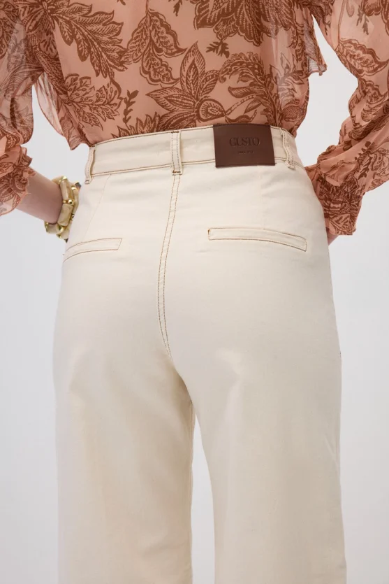 Bol Paça Dikişli Denim Pantolon - Ekru - 5