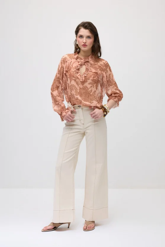 Bol Paça Dikişli Denim Pantolon - Ekru - 1