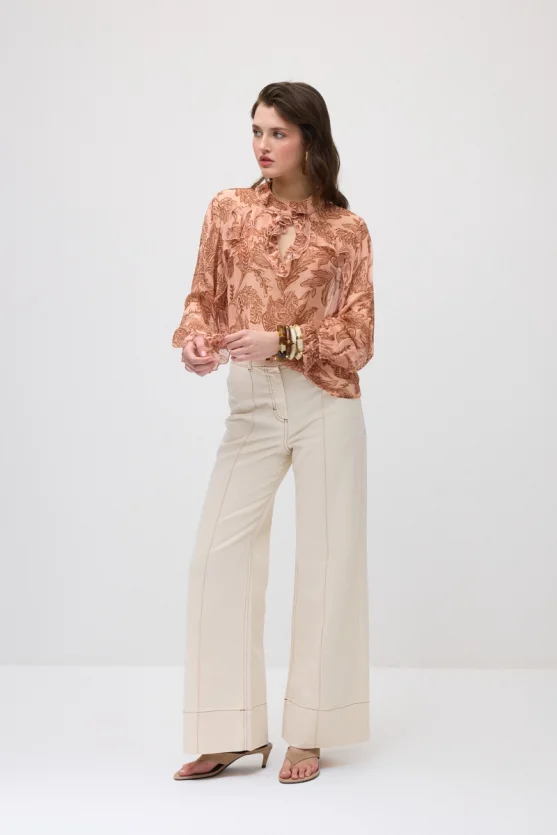 Bol Paça Dikişli Denim Pantolon - Ekru - Gusto