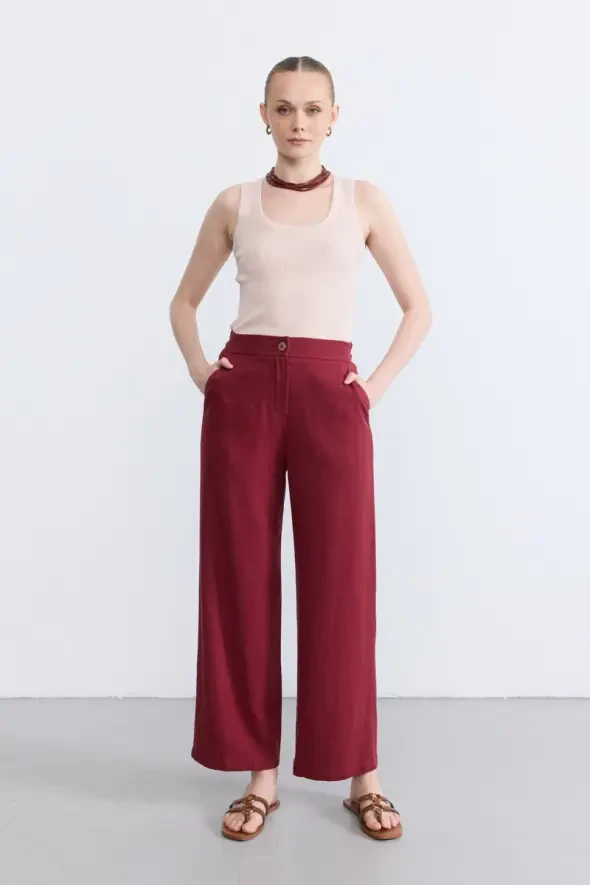 Bol Paça Keten Pantolon - Bordo - 3